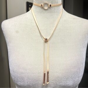 Light Pink Grosgrain Ribbon Choker Rose Gold Lariat Necklace